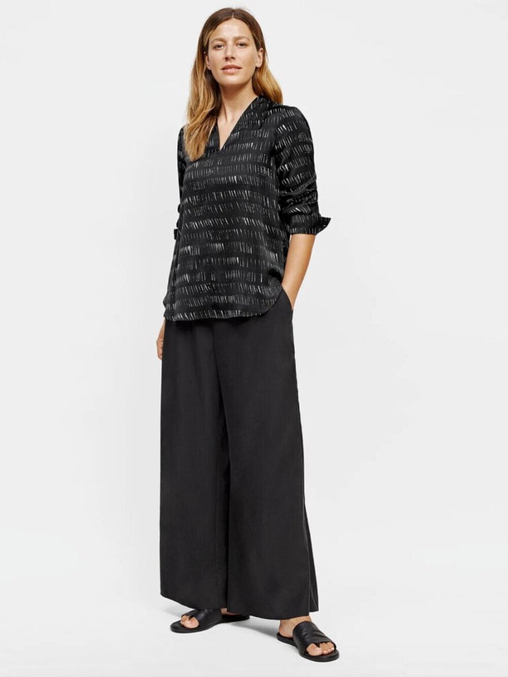 Eileen Fisher Silk Organic Cotton Dash V-Neck Shirt